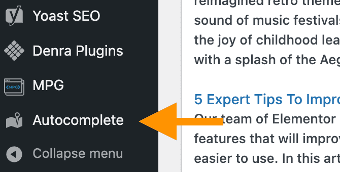 Find "Autocomplete" at WordPress navigation