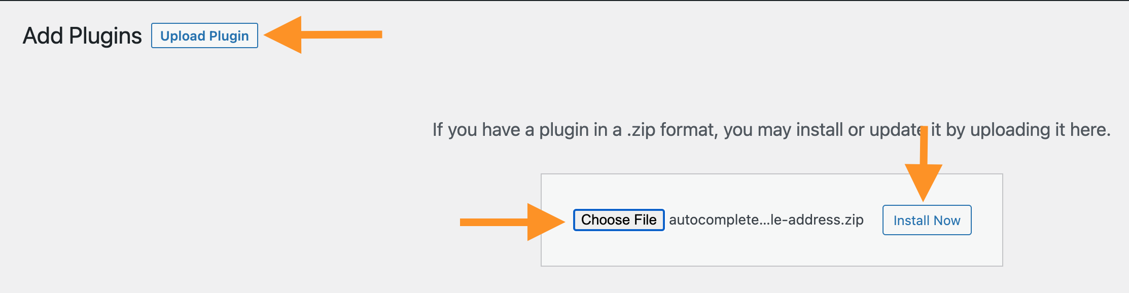 Click Upload Plugin, choose your .zip file, and click Install