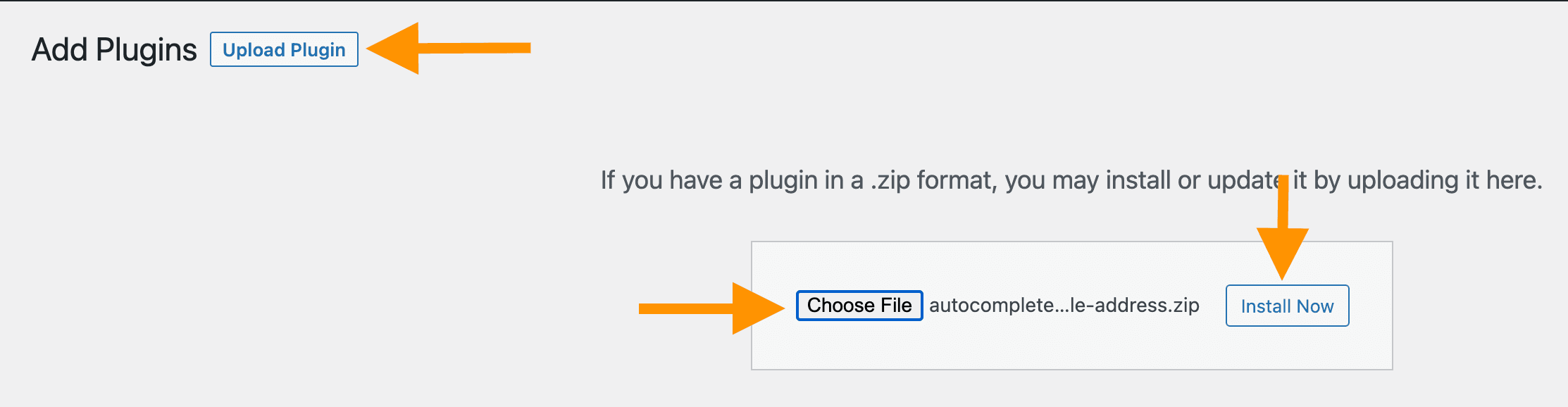 Click Upload Plugin, choose your .zip file, and click Install