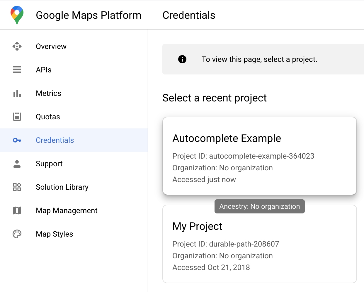 Select Project in Google API Console
